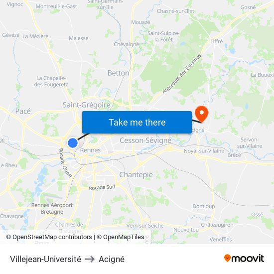 Villejean-Université to Acigné map