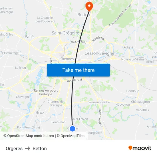 Orgères to Betton map