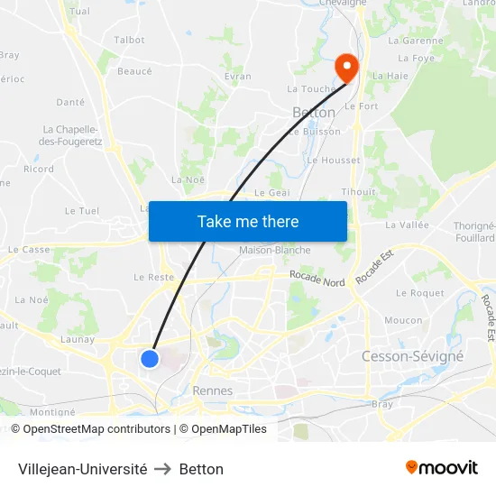 Villejean-Université to Betton map