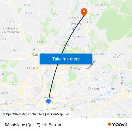République (Quai E) to Betton map