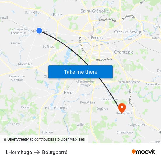 L'Hermitage to Bourgbarré map