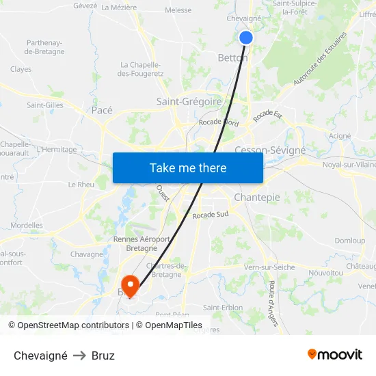 Chevaigné to Bruz map