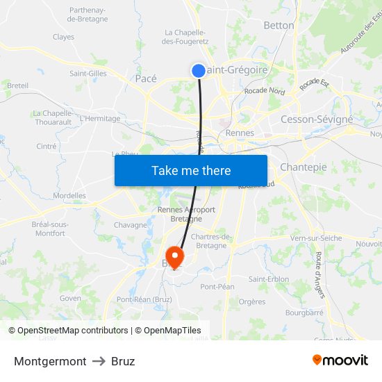 Montgermont to Bruz map