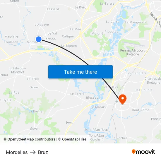 Mordelles to Bruz map