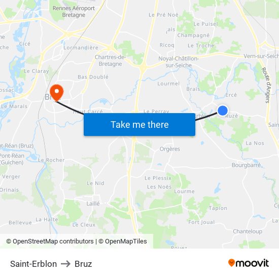 Saint-Erblon to Bruz map