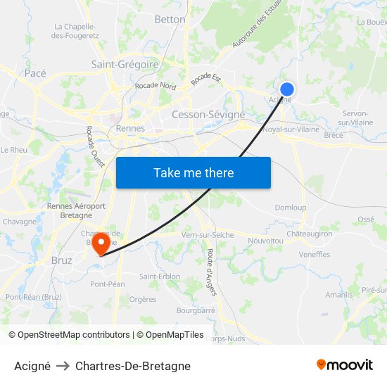 Acigné to Chartres-De-Bretagne map