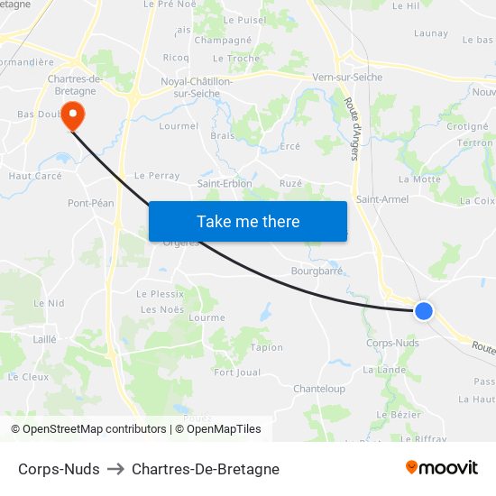 Corps-Nuds to Chartres-De-Bretagne map