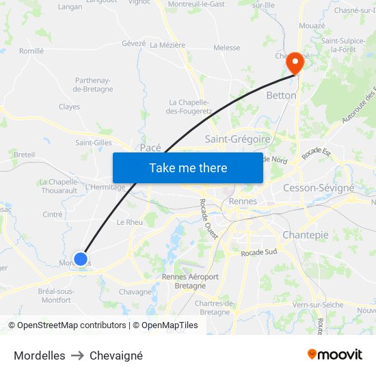 Mordelles to Chevaigné map