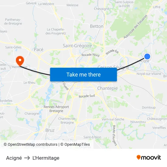 Acigné to L'Hermitage map