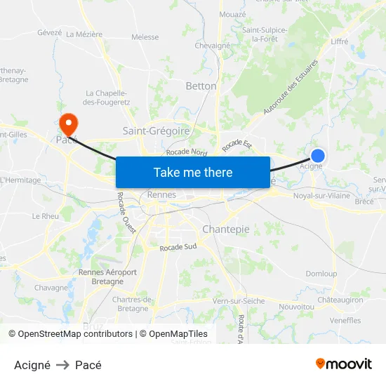 Acigné to Pacé map