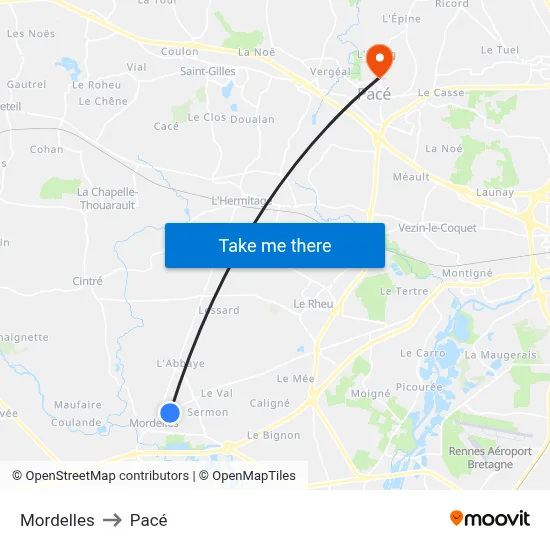 Mordelles to Pacé map