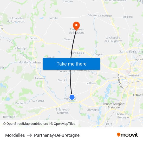 Mordelles to Parthenay-De-Bretagne map