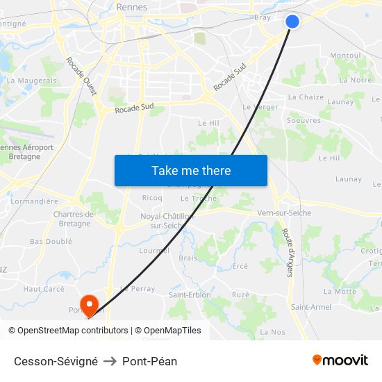 Cesson-Sévigné to Pont-Péan map