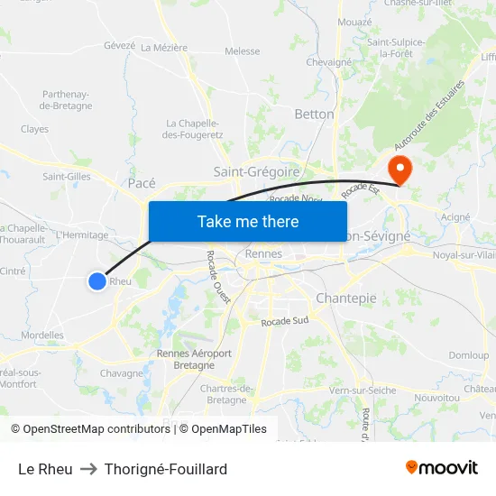 Le Rheu to Thorigné-Fouillard map