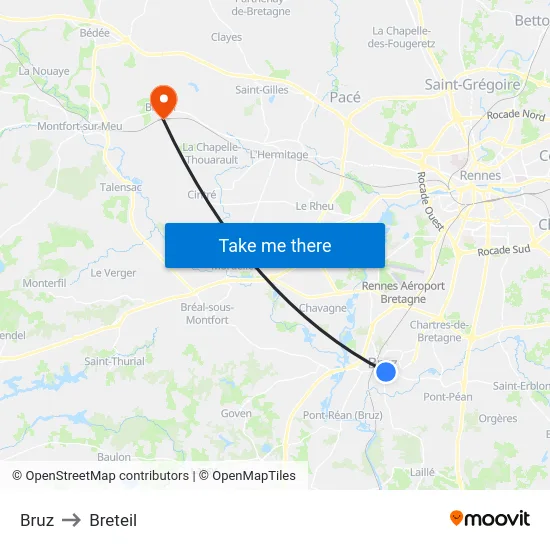 Bruz to Breteil map