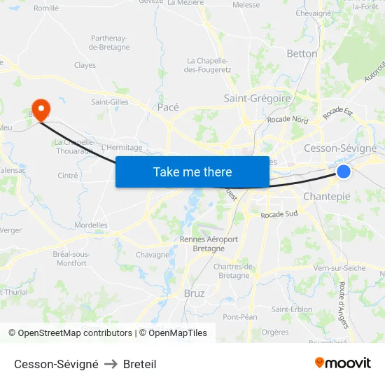 Cesson-Sévigné to Breteil map