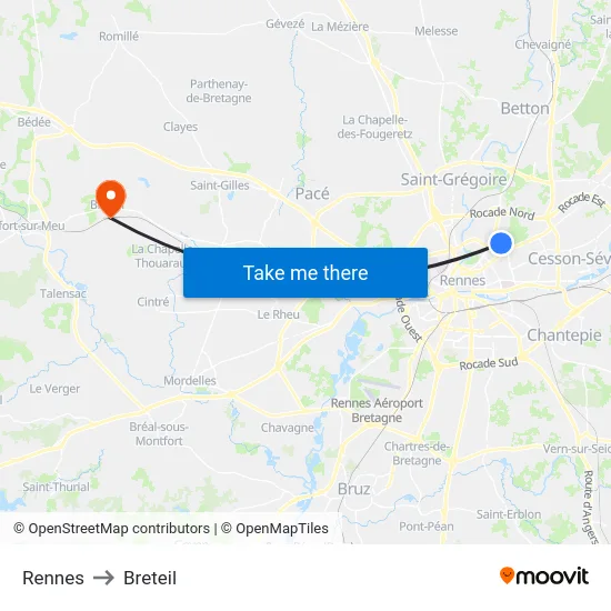 Rennes to Breteil map