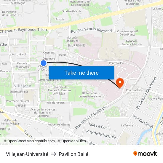 Villejean-Université to Pavillon Ballé map