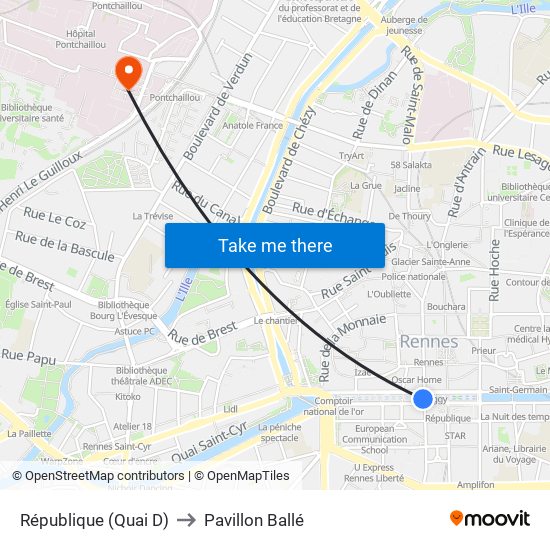 République (Quai D) to Pavillon Ballé map