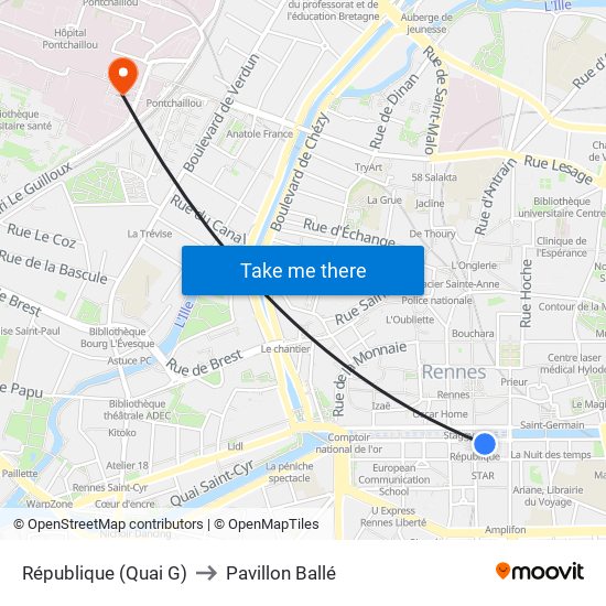 République (Quai G) to Pavillon Ballé map
