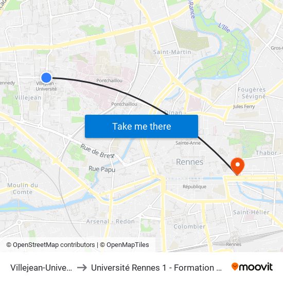 Villejean-Université to Université Rennes 1 - Formation Continue map