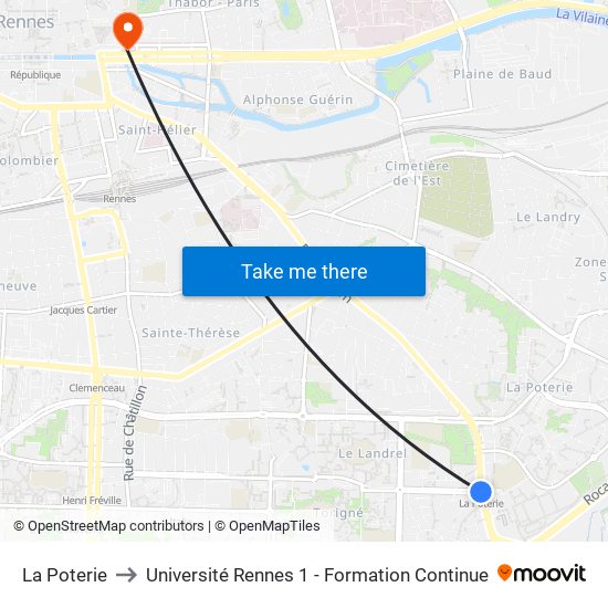 La Poterie to Université Rennes 1 - Formation Continue map