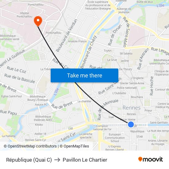 République (Quai C) to Pavillon Le Chartier map