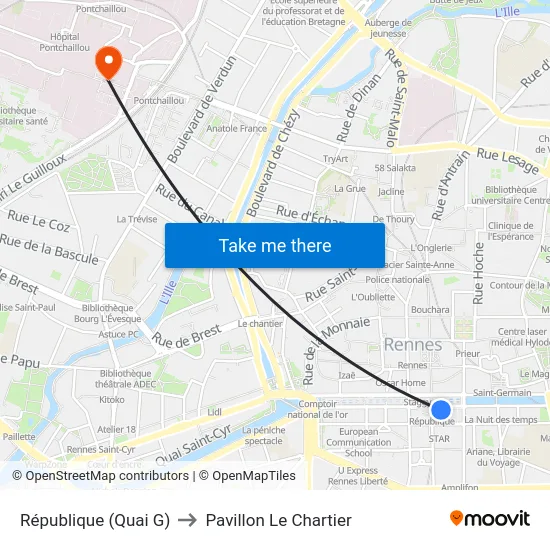 République (Quai G) to Pavillon Le Chartier map