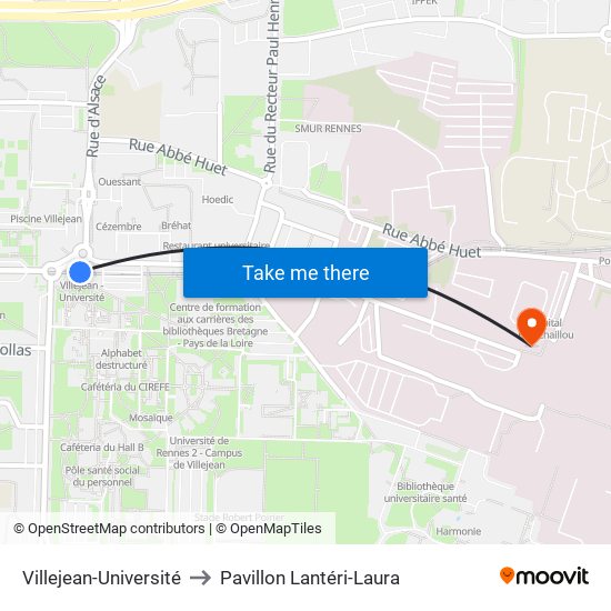 Villejean-Université to Pavillon Lantéri-Laura map