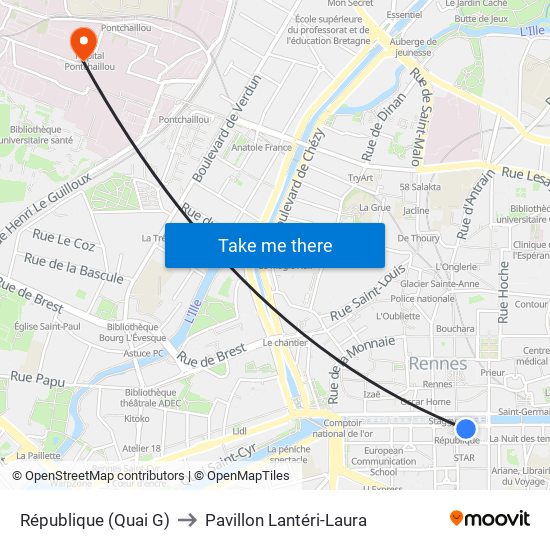 République (Quai G) to Pavillon Lantéri-Laura map