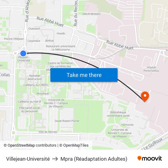 Villejean-Université to Mpra (Réadaptation Adultes) map