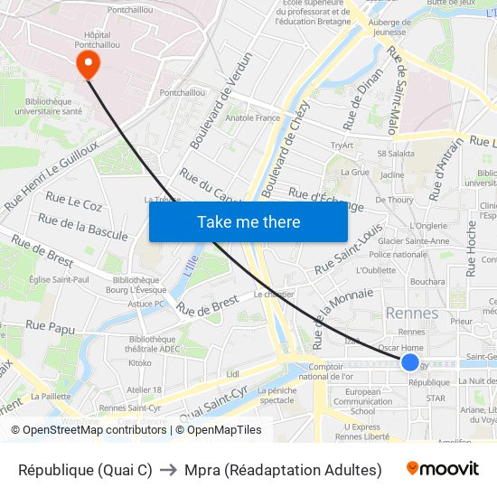 République (Quai C) to Mpra (Réadaptation Adultes) map