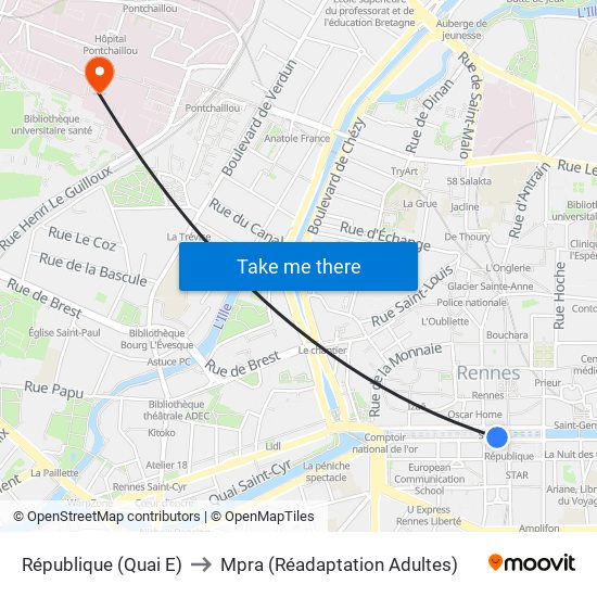 République (Quai E) to Mpra (Réadaptation Adultes) map