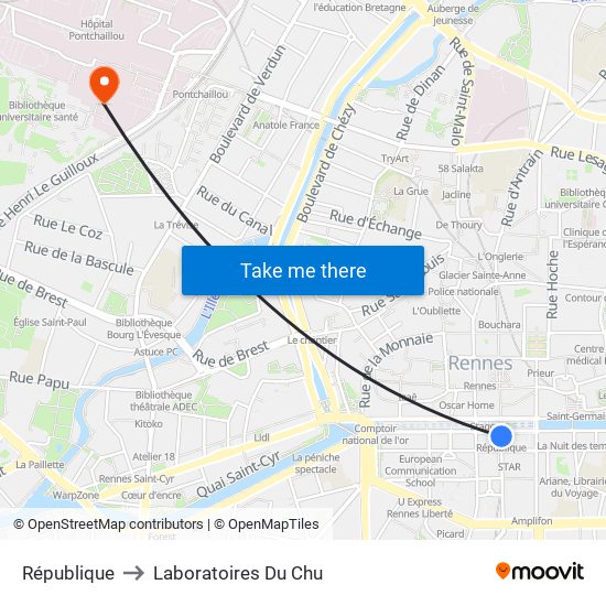 République to Laboratoires Du Chu map