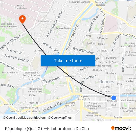 République (Quai G) to Laboratoires Du Chu map