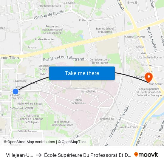 Villejean-Université to École Supérieure Du Professorat Et De L'Éducation Bretagne map