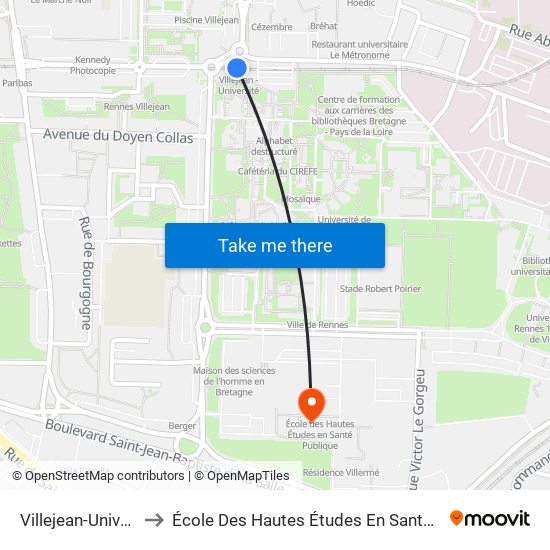 Villejean-Université to École Des Hautes Études En Santé Publique map