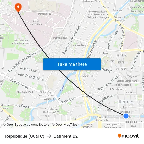 République (Quai C) to Batiment B2 map