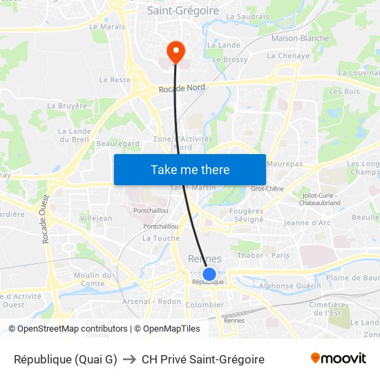République (Quai G) to CH Privé Saint-Grégoire map