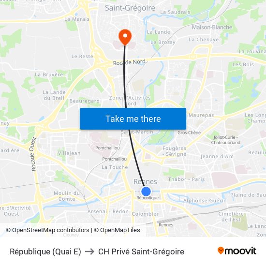République (Quai E) to CH Privé Saint-Grégoire map