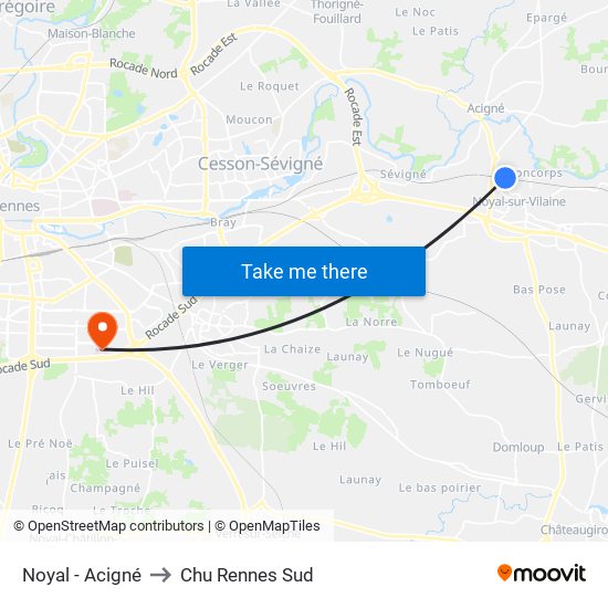 Noyal - Acigné to Chu Rennes Sud map