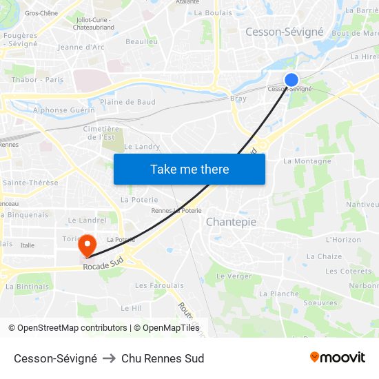 Cesson-Sévigné to Chu Rennes Sud map
