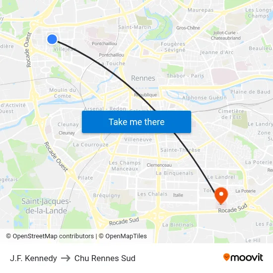 J.F. Kennedy to Chu Rennes Sud map