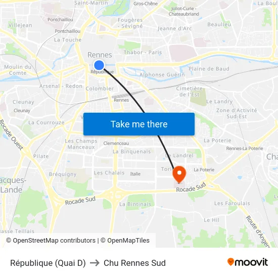 République (Quai D) to Chu Rennes Sud map