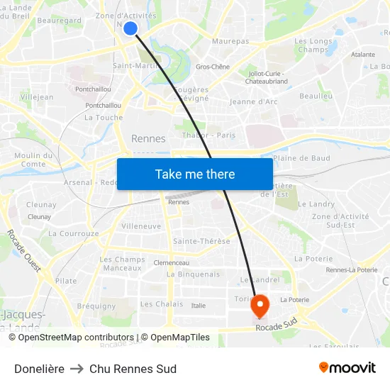 Donelière to Chu Rennes Sud map