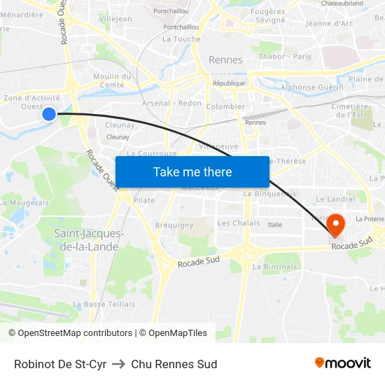Robinot De St-Cyr to Chu Rennes Sud map