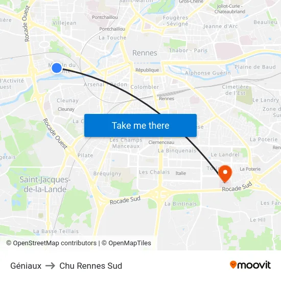 Géniaux to Chu Rennes Sud map