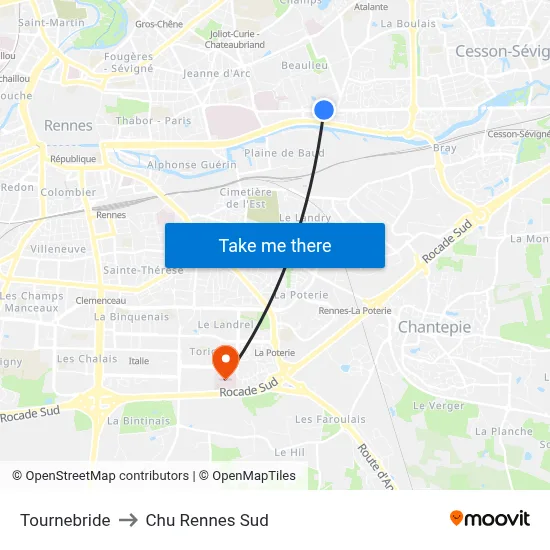 Tournebride to Chu Rennes Sud map