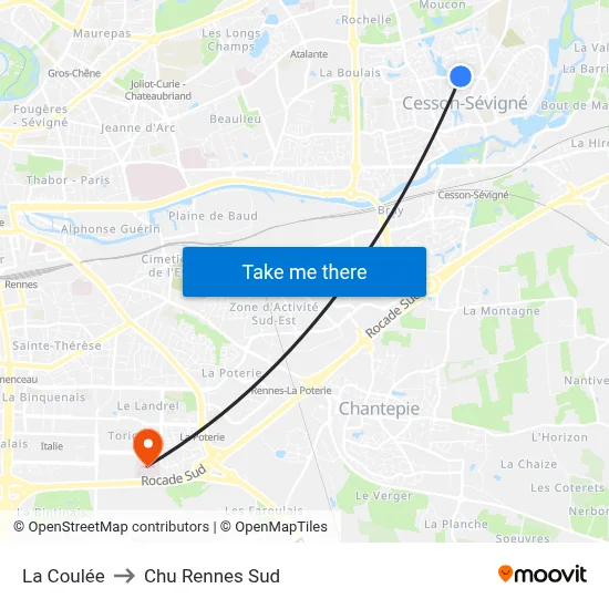 La Coulée to Chu Rennes Sud map