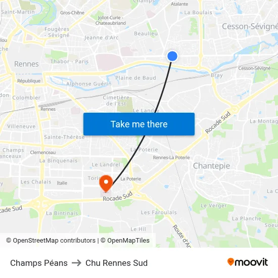 Champs Péans to Chu Rennes Sud map